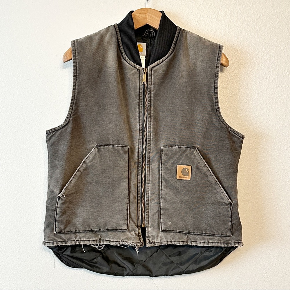 Carhartt Distressed Gray Denim Zip Vest Women’s Size Large